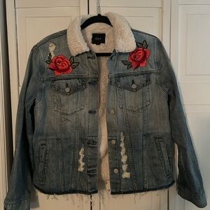 Rails Blue Utility Jacket with Floral Embroidery and Fuzzy Collar